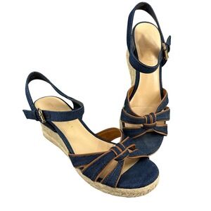 Tommy Hilfiger Gazeiy Denim Espadrille Wedge Sandals Faux Brown Leather 6.5